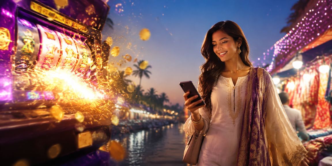A player enjoying slot games on mobile device in Kerala backwaters scenic location